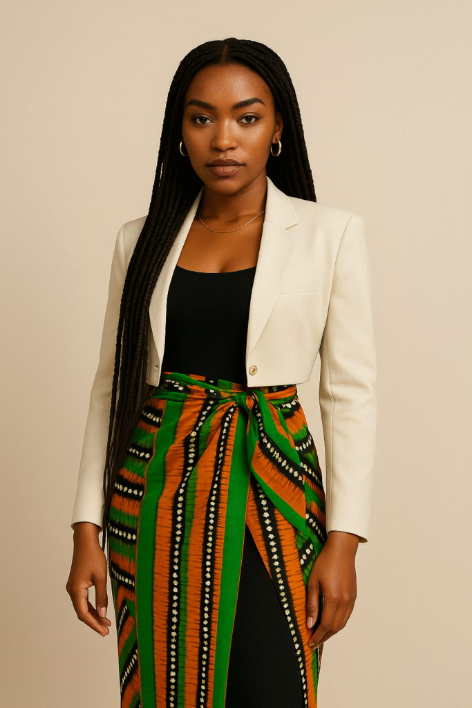 A powerful portrait of Alfridah Kgabo Matsi highlighting the essence of Afro-Minimalism. The combination of neutral tones with traditional African prints represents the harmony between culture and contemporary fashion. Her poised confidence and refined style capture the philosophy of simplicity, sustainability, and identity celebrated in the Afro-Minimalist movement.