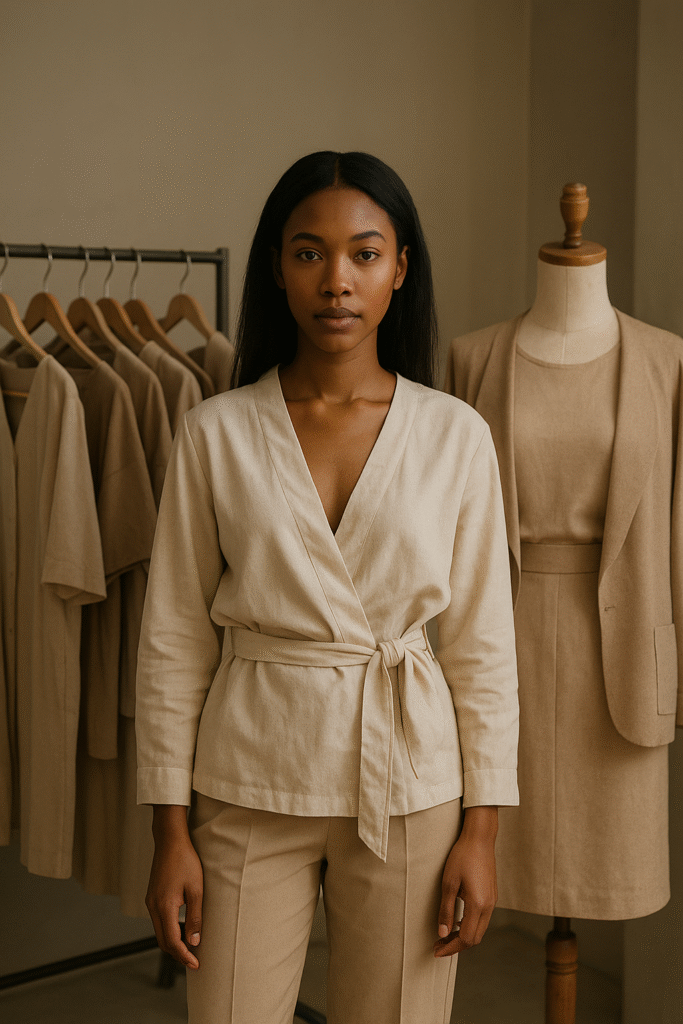 Alfridah Kgabo Matsi standing in a studio beside a colour coded wardrobe, wearing a neutral blazer and African inspired skirt, representing her colour energy styling approach